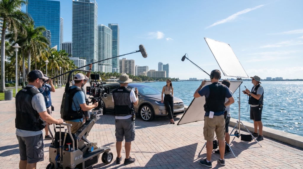 A behind-the-scenes commercial shoot on a waterfront with a car, a boom operator, and a crew filming a talent segment