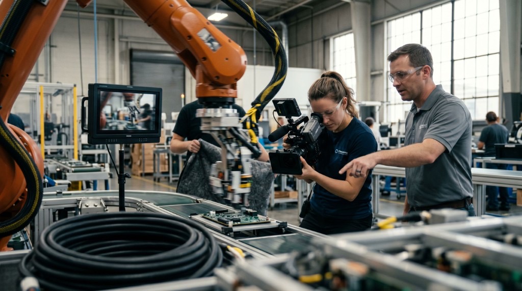 A video crew filming a product demo on an industrial factory floor next to a robotic arm