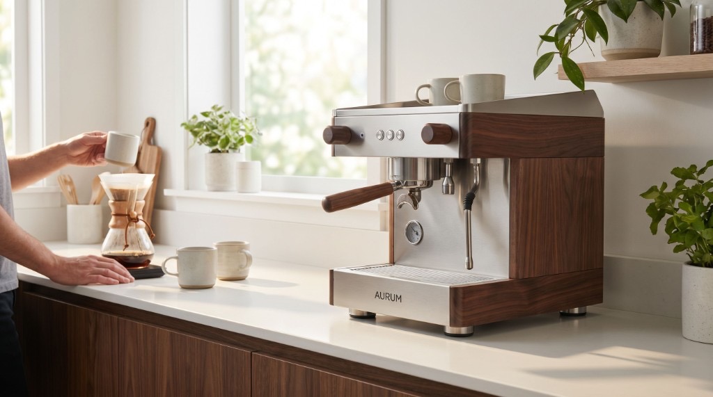 A finished commercial-style product shot of an espresso machine on a kitchen counter, styled for a lifestyle ad