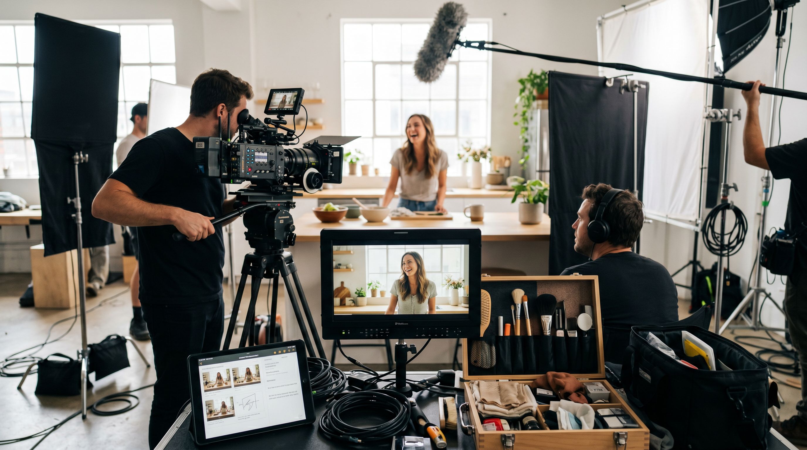 A video crew filming a lifestyle promo shoot, with the talent on camera and the live shot mirrored on a monitor