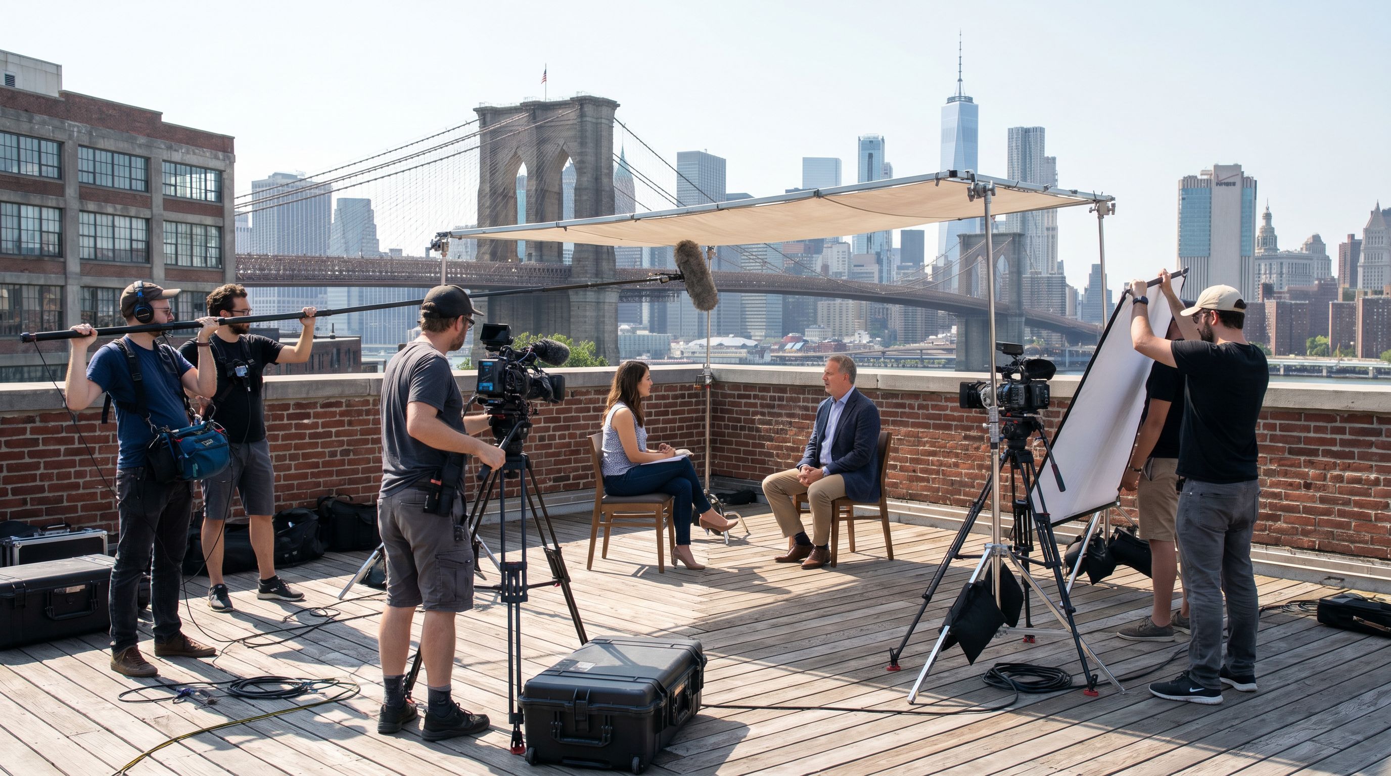 A production crew filming an interview on a New York City rooftop with the Brooklyn Bridge in the background