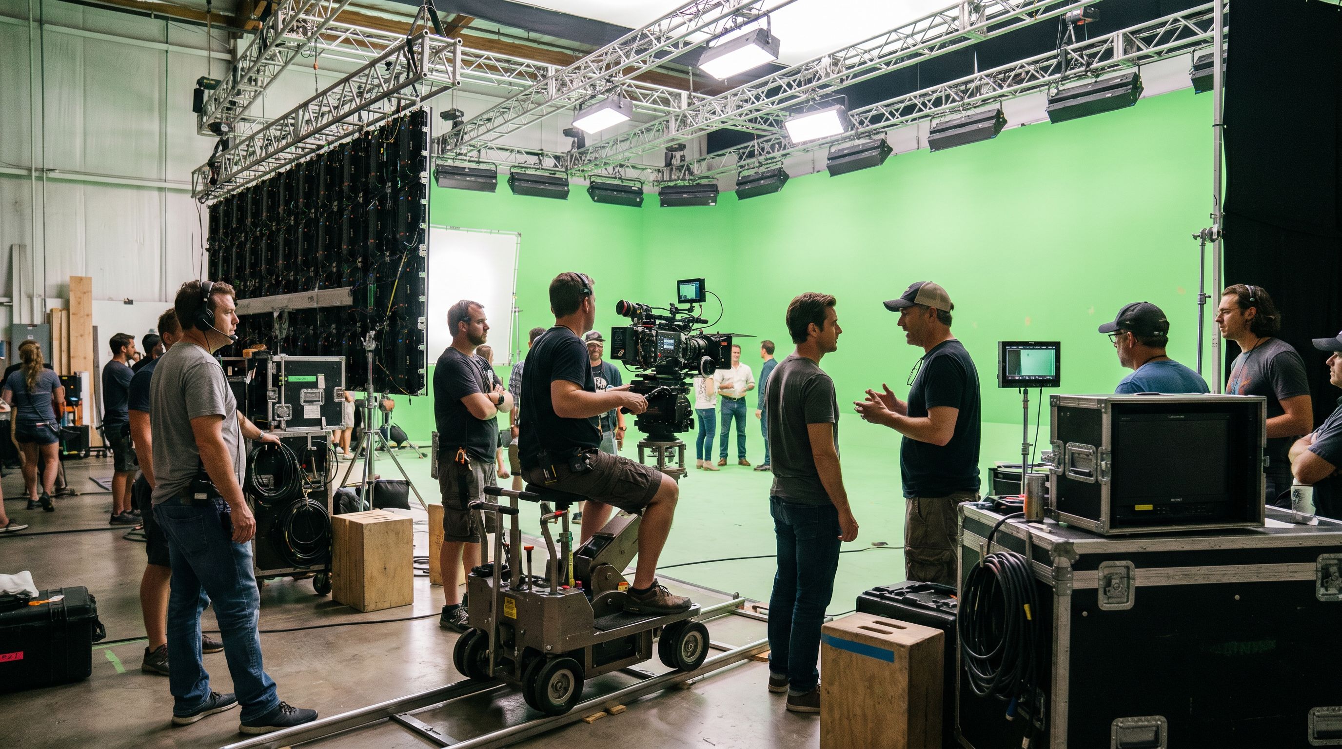 A production crew setting up a shot on a green screen soundstage