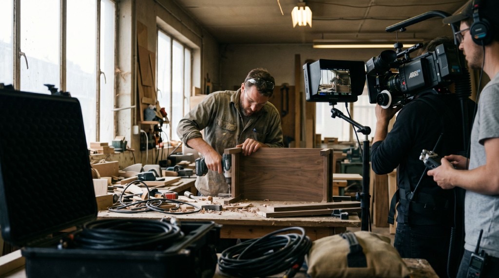 A film crew shooting a craftsman in a woodworking workshop, with a camera monitor showing the framed shot