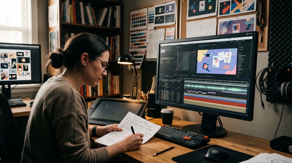 A video editor sketching notes at a desk with dual monitors showing a timeline and reference frames