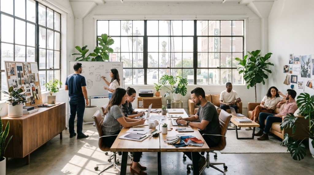 A creative studio team collaborating around whiteboards, mood boards, and a shared work table